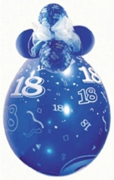 Geschenkballon zum 18. Geburtstag · blauer Verpackungsballon mit Zahl 18