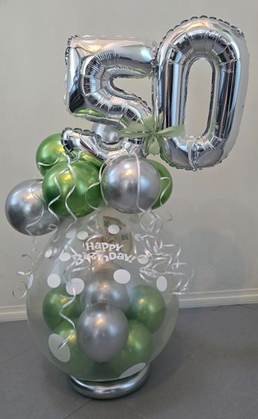 Geschenkballon Hameln · Verpackungsballon zum 50. Geburtstag mit Geldgeschenk in Silber und Grün