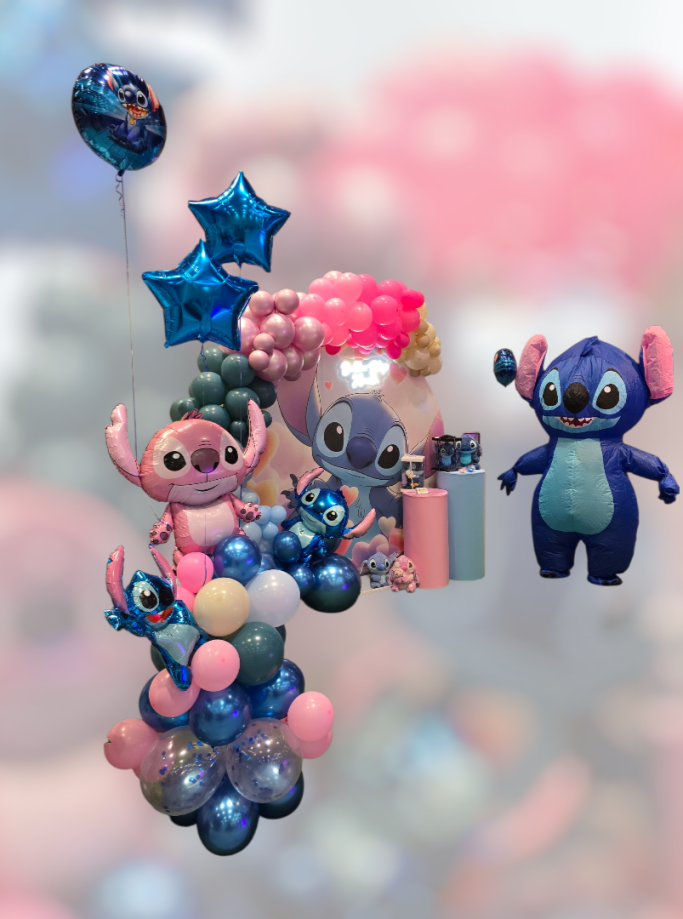 StitchBackdropFotohintergrundBallongirlandeZylindertischeRosaHellblauLEDBeleuchtung